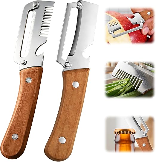 2026 Multifunctional Vegetable Peeler Set 3PCS – 3-in-1 Kitchen Peeler, Scallion Slicer & Bottle Opener with Wooden Handle